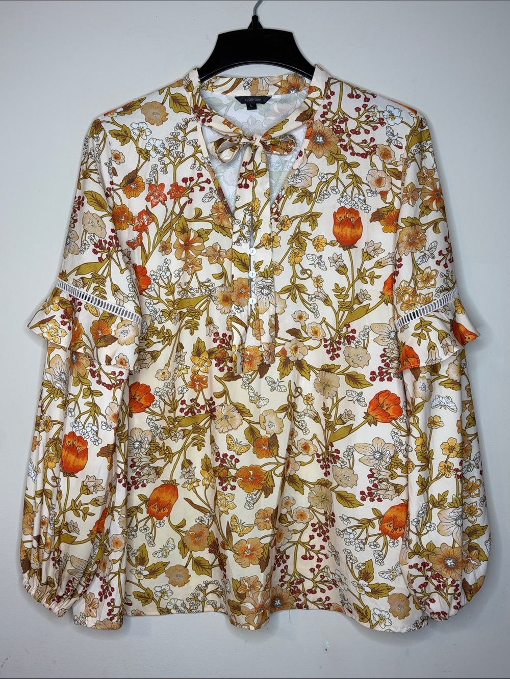 Floryday Tie-Neck Floral Silky Blouse in Ivory and Orange Size L